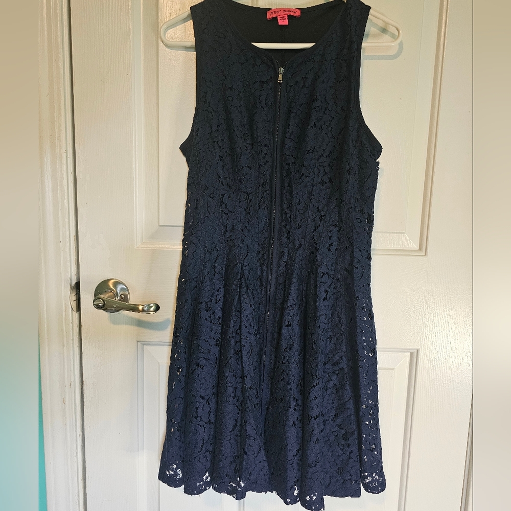 Betsey Johnson Navy Lace Overlay Full-Zip Skater Dress Women's Size 4